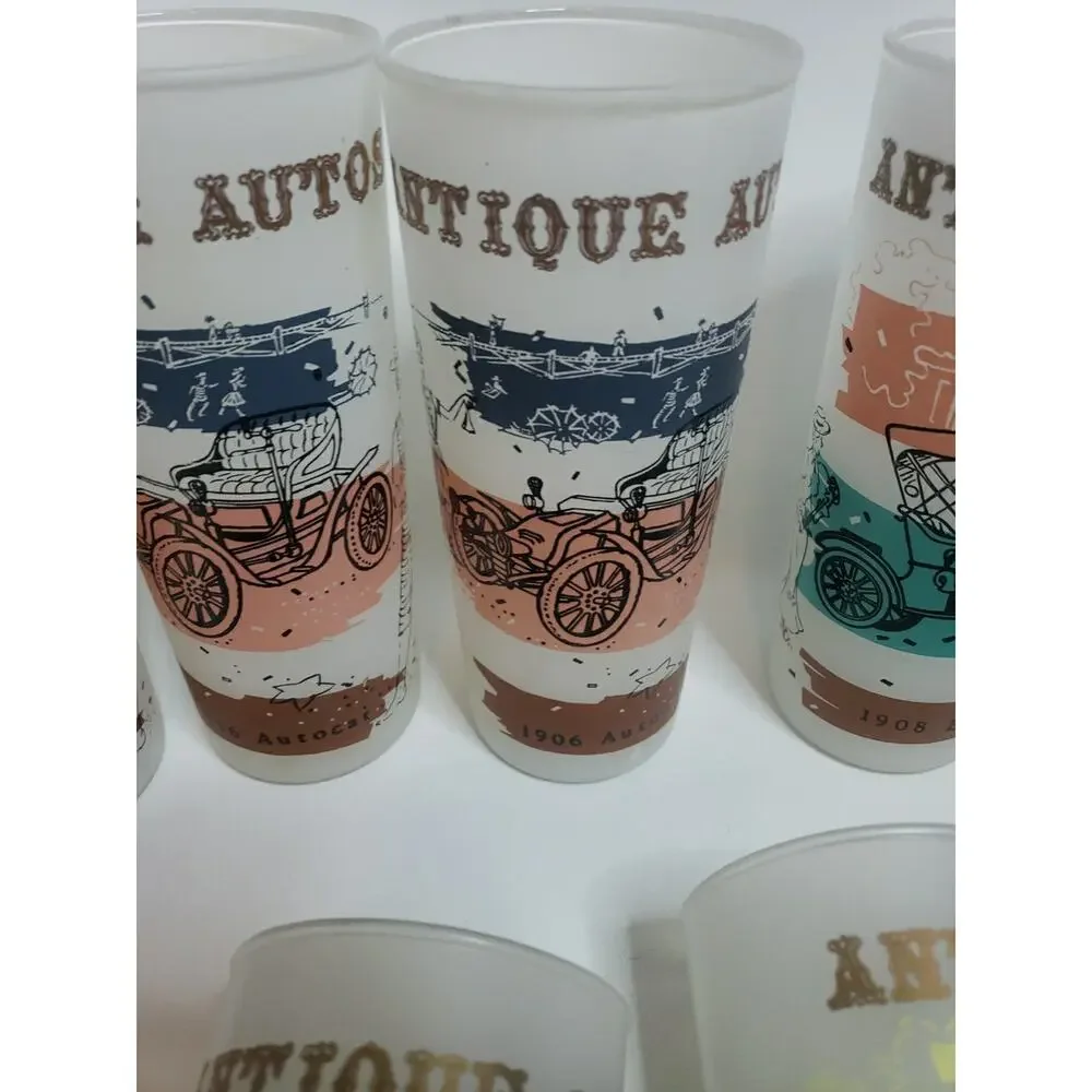 LOT OF 11 Autos cars Frosted Glasses Tumblers Vintage Highball MCM 60s Packard